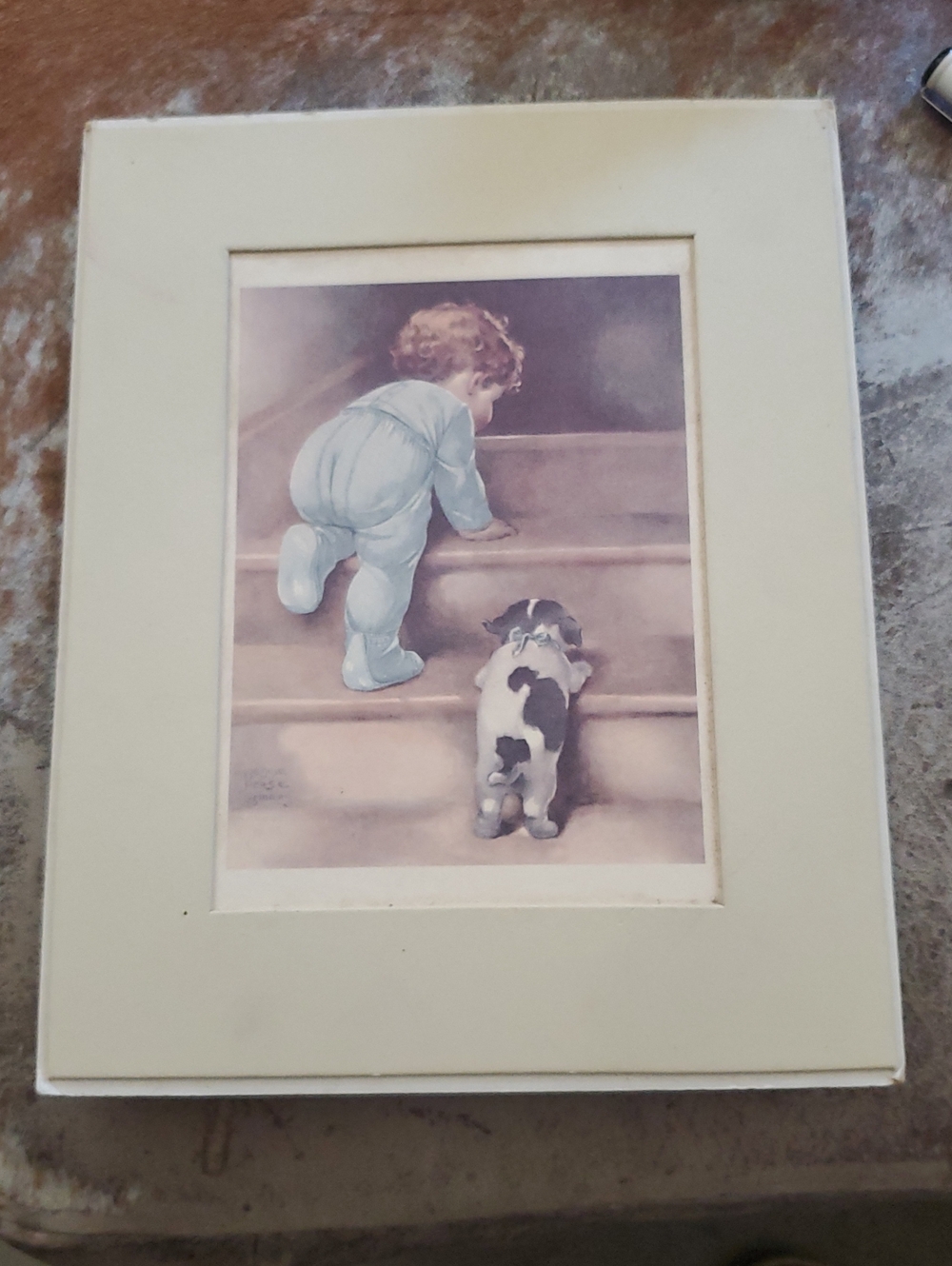 Cream Framed Nursery Wall Art - Boy and Puppy Illustration